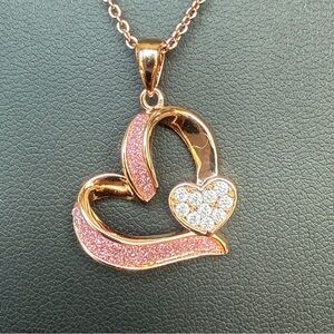 Necklace Open Heart Charm Pendant Gold Tone Textured Crystals Brass JCN 18"